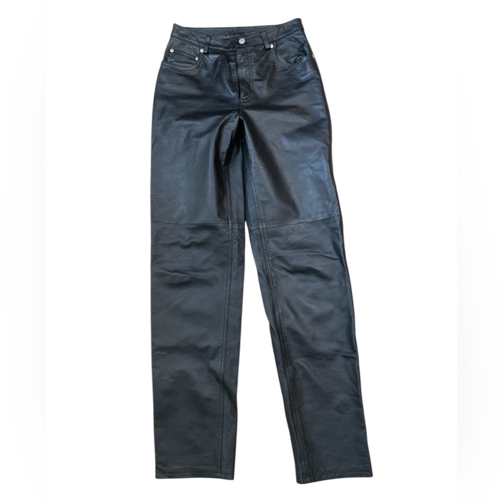 Newport News Jeanology high rise straight leg black leather pants